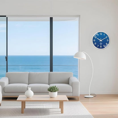 XNM Modern Analog Wall Clocks Battery Operated Navy Blue Wall Clock for Living Room Bedroom Home Office 14 Inch Round Minimalist Wall Clock Silent