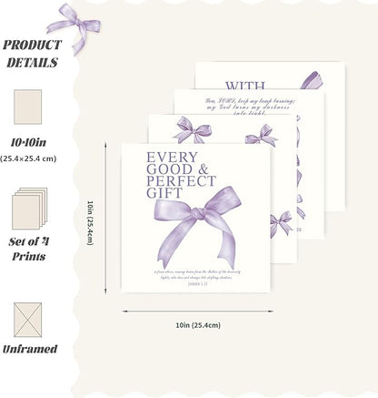 LARTSFRO Coquette Purple Bow Wall Art Decor Posters, Purple Bow Room Bedroom Bathroom Dorm Wall Art Decor Aesthetic for Teen Girls Gifts, Inspirational Bible Verses Bow Wall Decor, 10x10 Inch Set of 4 Pcs Bow Pictures (UNFRAMED)