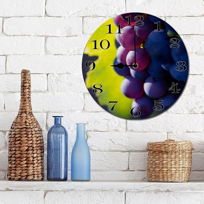 Grape Wall Clock 10 Inch Wooden Battery Operated Autumn Forest Maple Leaves Wall Clocks Decorative Indoor,Decorative for Kitchen Bathroom Bedroom