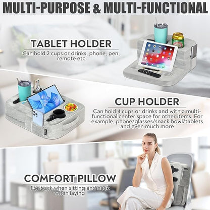 TabCouchCaddy - Couch Cup Holder Tray Pillow - Bed, Couch Caddy, Sofa, RV & Car - Holds Drinks, Snacks, Remotes, Phones, Kindle, Tablet | Bed Cup Holder (Grey)