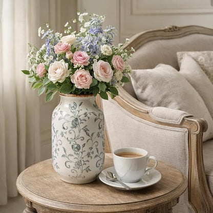 SIDUCAL Ceramic Vintage Vase, 8.78 Inch Chinoiserie Floral Vase, Retro Ice Cracked Rustic Farmhouse Vases for Home Decor, Living Room, Bookshelf, Office, Tuscan Decor, Gray Floral Pattern