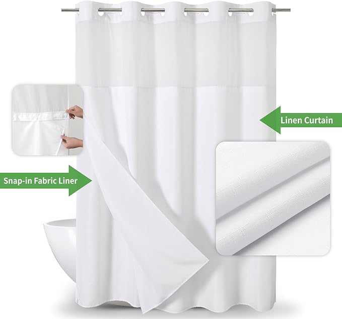 Extra Long No Hooks Needed Linen Textured Shower Curtain with Snap-in Fabric Liner Set,White Hotel Luxury Decor Shower Curtains for Bathroom,Waterproof & Washable,71Wx86H