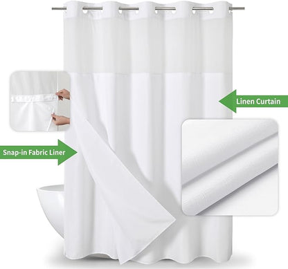 Extra Long No Hooks Needed Linen Textured Shower Curtain with Snap-in Fabric Liner Set,White Hotel Luxury Decor Shower Curtains for Bathroom,Waterproof & Washable,71Wx86H