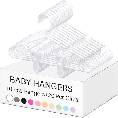 Hsei 5/10/40 Pack Baby Hangers with 10/20/80 Clips, Plastic Kids Pants Hangers for Nursery Closet Top and Bottom Clothes Hanger Set for Newborn Infant Toddler(30 Packs Total,White,10.6 Inch)
