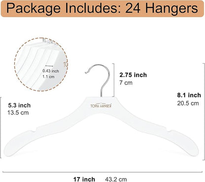 TOPIA HANGER Wooden Coat Hangers 24 Pack, Premium Wood Suit Sweater No Shoulder Bump Hangers, 360° Swivel Hook and Cut Notches Clothes Hangers for Sweater, Coat, Shirts, Hoodies, Dress, White CT85W