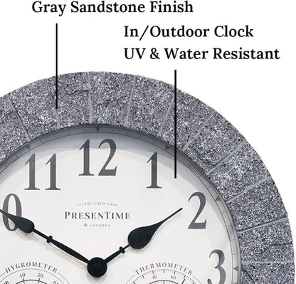 Presentime & Co Sandstone Outdoor Clock with Thermometer & Hygrometer as All in one Weather Station, 14", Gray Sandstone Finish. Weather Thermometer, Outdoor Décor, Wall Décor.