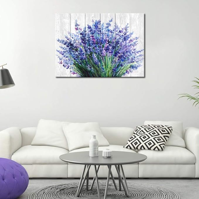 Lavender Wall Art Blue Flowers Watercolor Painting Canvas Picture for Bathroom Bedroom Wall Decor Modern Blossom Canvas Art for Living Room Office Home Decoration 20" x 28"