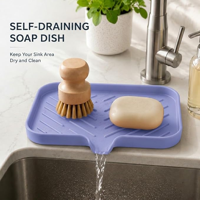 MicoYang Silicone Soap Dish with Drain Spout — Self-Draining Sink Organizer Tray for Bathroom & Kitchen, Sponges, Dispensers & Soap Holder, Non-Slip & Dishwasher Safe, Light Purple (Medium, 9.6"×5.3")