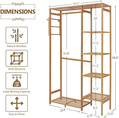 Ufine Bamboo Garment Rack 6 Tier Storage Shelves Clothes Hanging Stand with Side Hooks, Heavy Duty Clothing Rack Portable Wardrobe Closet Organizer