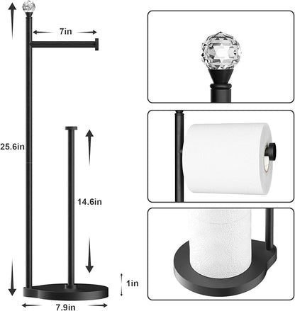 KASUNTO Toilet Paper Holder for Bathroom, Heavy Weighted Metal Free Standing Toilet Paper Storage with Crystal Ball, Toilet Paper Stand for Bathroom Accessories, Matte Black [Holds MEGA Rolls]