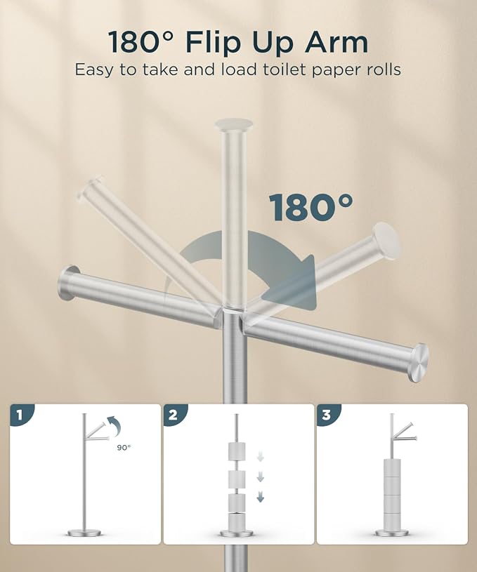 FORIOUS Toilet Paper Holder Stand, Toilet Paper Storage with 4 Rolls, Freestanding Tissue Roll Holder for Bathroom, Durable 304 Stainless Steel and Weighted Base Toilet Paper Stand, Brushed Nickel