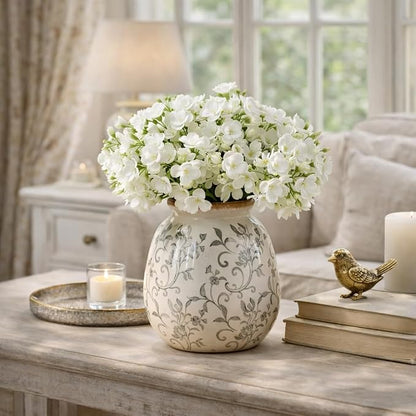SIDUCAL Ceramic Vintage Pastoral Vase, 7.2 Inch Chinoiserie Floral Vase, Retro Ice Cracked Rustic Farmhouse Vases for Home Decor, Living Room, Bookshelf, Office, Tuscan Decor, Gray Floral