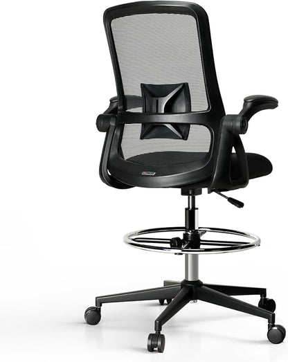 Drafting Chair,Tall Office Chair with Lumbar Support,Ergonomic Tall Desk Chair with Flip Up Armrests,Standing Desk Chair withAdjustable Footrest Ring,High Office Chair