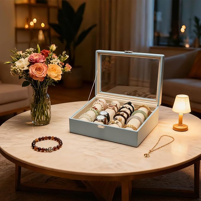 Bracelets Organizer Rods Bangles Display Holder, Clear See through Lid Leather Velvet Jewelry Storage Box Case for Women, 4 Rods Blue Leather