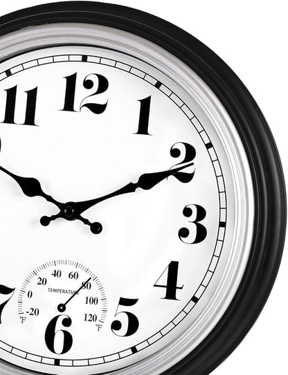 45MinST 12 Inch Indoor/Outdoor Retro Round Waterproof Wall Clock with Thermometer, Silent Non Ticking Battery Operated Quality Quartz Wall Clock Home/Patio Decor(Silver F)