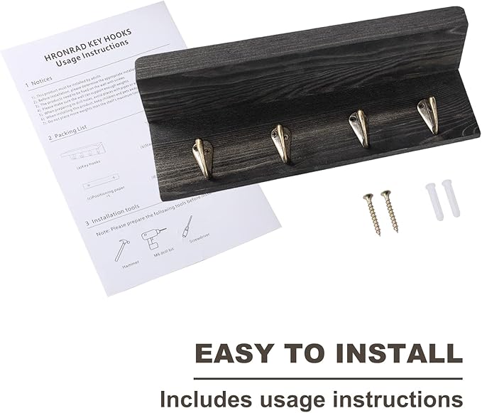 Rustic Key Holder for Wall, Farmhouse Wall Shelf with 4 Hooks, Wall Mounted Key Racks, Wooden Mail Organizer with Hooks for Entryway (Black - Pine)