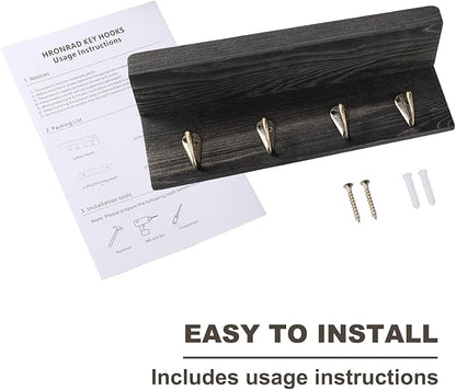Rustic Key Holder for Wall, Farmhouse Wall Shelf with 4 Hooks, Wall Mounted Key Racks, Wooden Mail Organizer with Hooks for Entryway (Black - Pine)