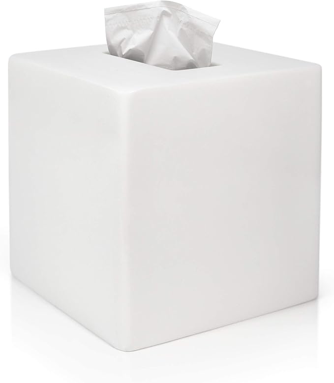 bUnusual White Tissue Box Cover - Modern Tissue Holder, Lacquer High Gloss Finish & Rounded Edges - Cube Square Box. Bathroom, Desks, Kitchen Countertop, Dressers - Wont Move When You Pull a Tissue!