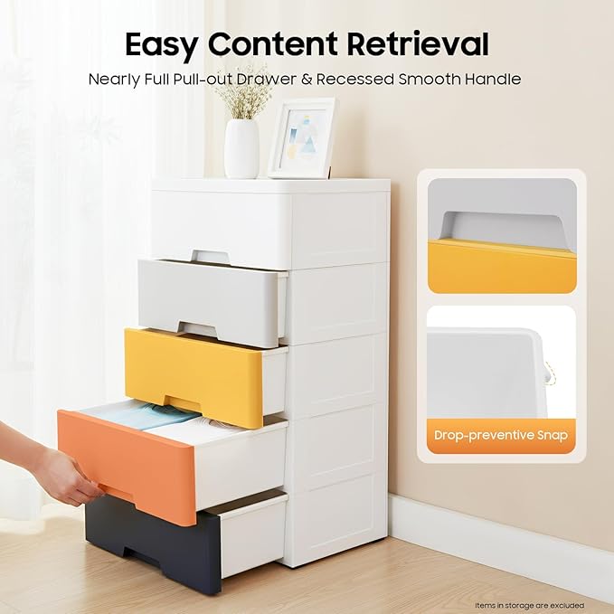 Plastic 5-Drawer Storage Cabinet, Stackable Vertical Organizer Tower with Wheels, Modern Dresser for Bedroom, Closet, Entryway & Office Furniture, White