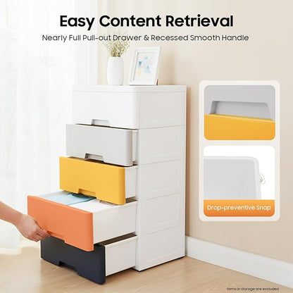 Plastic 5-Drawer Storage Cabinet, Stackable Vertical Organizer Tower with Wheels, Modern Dresser for Bedroom, Closet, Entryway & Office Furniture, White