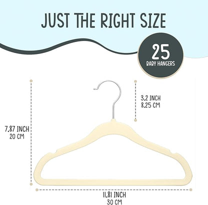 25 Premium Baby Velvet Hangers - 11.8 Inches Non-Slip & Ultra-Slim Baby Hangers for Space-Saving & Children Clothes - 360 Swivel Hook, Strong & Durable Infant & Toddler Clothes Hanger - Beige