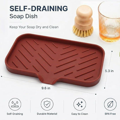 MicoYang Silicone Soap Dish with Drain Spout — Self-Draining Sink Organizer Tray for Bathroom & Kitchen, Sponges, Dispensers & Soap Holder, Non-Slip & Dishwasher Safe, Red (Medium, 9.6"×5.3")