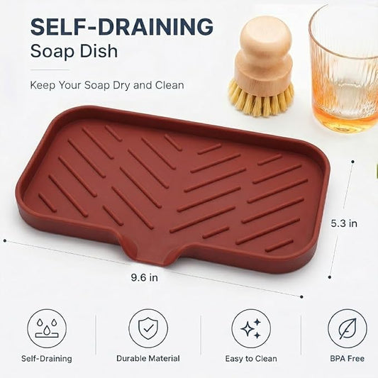 MicoYang Silicone Soap Dish with Drain Spout — Self-Draining Sink Organizer Tray for Bathroom & Kitchen, Sponges, Dispensers & Soap Holder, Non-Slip & Dishwasher Safe, Red (Medium, 9.6"×5.3")