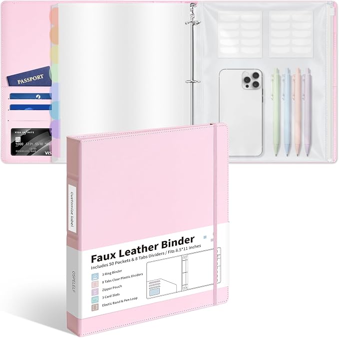 Ospelelf Leather Binder with 58 Plastic Sleeves, 3 Ring Presentation Binder for 8.5x11, Portfolio Organizer with 8 Tabbed Sleeves & Zipper Pocket for Documeents, Artwork, Certificates Pink