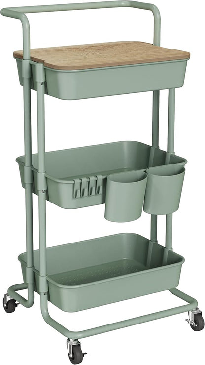 DTK 3 Tier Rolling Utility Cart with Cover Top Board, Movable Kitchen Storage Cart Trolley with Lockable Wheels, Cups, Hooks for Kitchen Bathroom Home Office Art Craft Storage(Turquoise/Green)