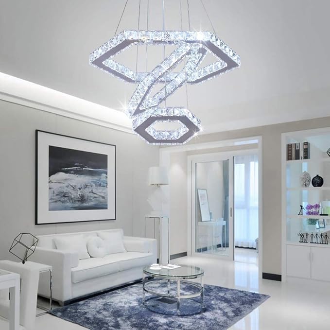 LED Chandeliers Dimmable Crystal Chandelier 3 Rings Modern Pendant Light Adjustable Stainless Steel Ceiling Light Fixture for Dining Room Bedroom Living Room