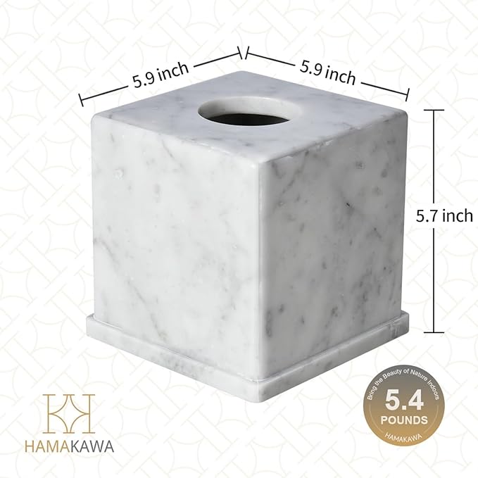 HAMAKAWA Natural Marble Tissue Box Cover, Carrara White Tissue Organizer 6 X 6 X 5.7 Inch, Heavy Stone Decorative Box, Square Tissue Box Holder for Home Decor, Kitchen, Bathroom, Bedroom