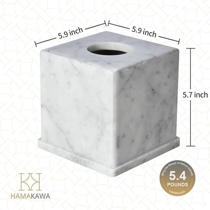 HAMAKAWA Natural Marble Tissue Box Cover, Carrara White Tissue Organizer 6 X 6 X 5.7 Inch, Heavy Stone Decorative Box, Square Tissue Box Holder for Home Decor, Kitchen, Bathroom, Bedroom