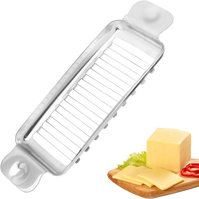 lasuroa Butter Slicer Cutter, Stainless Steel Ergonomic Cheese Slicer Cheese Even Stick Slicing Tool for Portion Control Cheese Wire Slicer with Portable Grip for Food Square Block Butter(Silver)