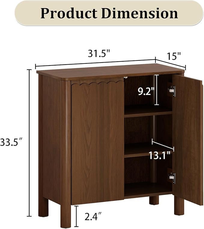 HMFULE 31.5" Sideboard Buffet Storage Cabinet, Solid Wood Retro Buffet Cabinet with Storage Adjustable Shelf & 2 Doors, Accent Cabinet for Hallway, Living Room, Dining Room, Kitchen (Walnut)