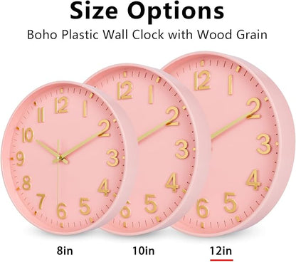 HZDHCLH Wall Clocks Battery Operated,Wall Clock Pink Gold 12 inch Wall Clock Silent Non Ticking Modern 3D Numbers for Office Kitchen Classroom Bedroom Living Room Decor