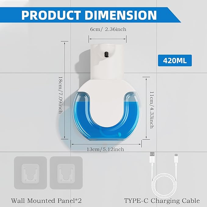 2Pack Automatic Soap Dispenser Touchless, Rechargeable Foaming Soap Dispenser,15oz/420ml Smart Hand Soap Dispensers,4-Level Adjustable,Wall Mount for Bathroom Kitchen Dish Soap(White, Foam)