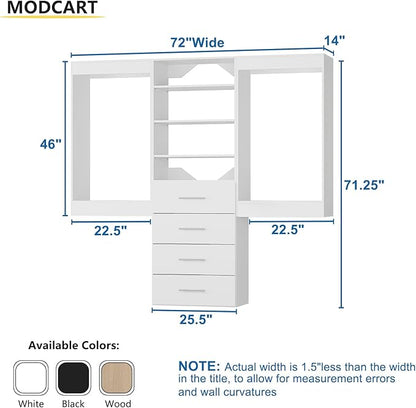 Modular Closet, 72" Wide Organizer with Hanging & Drawers, Wood Tower Storage for Walk-In Closets, Wall Mounted Wardrobe Organizer Kit, Bedroom, White