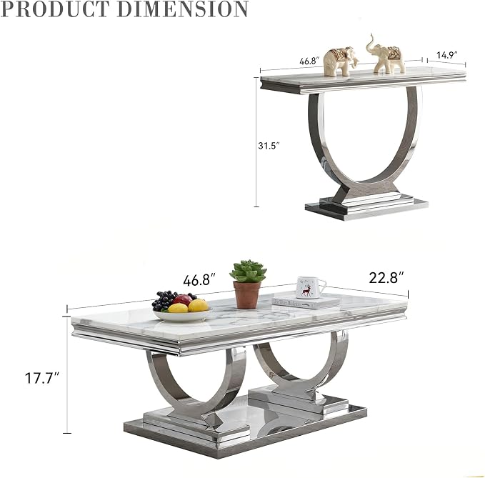 2 Piece Living Room Table Set Include 1 Faux Marble Coffee Table & 1 Console Table, Modern White Silver Coffee Table Set of 2 with Double O Shape Stainless Steel Pedestal Base