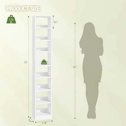 Hzuaneri Bookcase, Tall Narrow Bookshelf, Open Display Storage Shelf, Skinny Cube Book Shelf with Adjustable Shelves, CD Rack for Living Room, Home Office 8-Tier(9.4 x 11.8 x 72 inch) White BC89603X