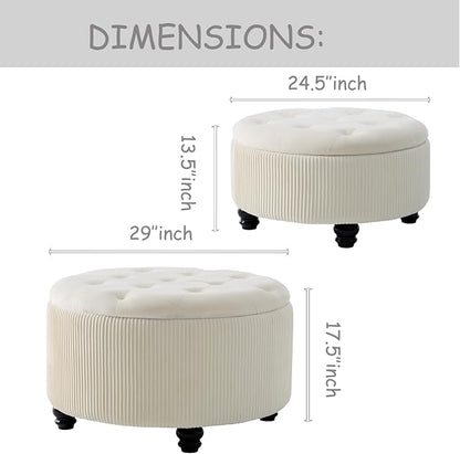 Round Ottoman with Storage Set of 2 Upholstered Velvet Vanity Stool for Living Room Storage Ottomans Multifunctional Foot Rest (Large-Off White)