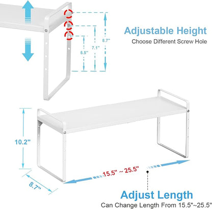 15.5 to 25.5 Inch Kitchen Cabinet Shelf Organizers, Adjustable Kitchen Counter Shelf Organizer, Set of 4 Expandable Countertop Storage Shelves, Stackable Design, 30LBS Heavy Duty, Space Saver