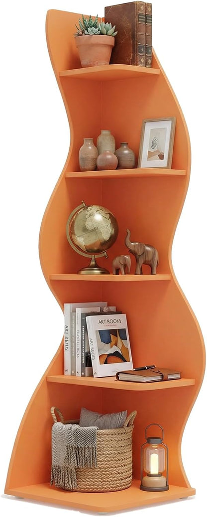 Arvolia 70 Inch Corner Bookshelf, Modern 5-Tier Small Bookshelf with Unique Curved Design, Freestanding Vertical Storage Shelf for Living Room, Bedroom or Home Office(Orange)