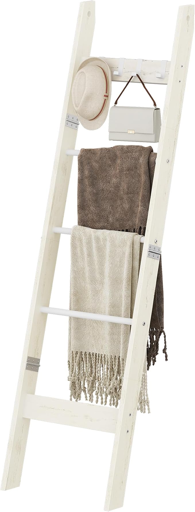 Hzuaneri Blanket Ladder Shelf for Living Room, Decorative Quilt Rack with 4 Removable Hooks, 5-Tier Farmhouse Ladder Holder Organizer for Bedroom, Rustic White BR02114W