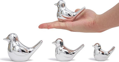 Artconal Small Silver Bird Statue Ceramic 2-Piece Set, 3¾ inch Cute Knick Knack for Home Office Shelf Desk Decor