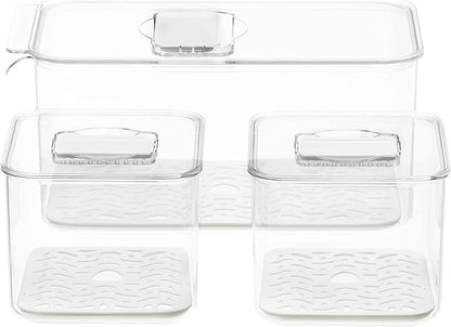 Produce Saver Containers for Refrigerator 3 Pack, Stackable Plastic Fridge Food Fruit Vegetables Storage Bins with Vented Lids, Clear Freezer Fresh Keeper Organizers and Storage Container Set