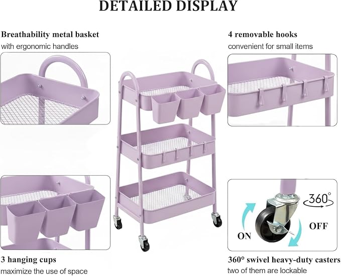 danpinera 3-Tier Rolling Cart, Utility Cart Mobile Metal Rolling Storage Cart with Lockable Wheels & Hanging Cups & Hooks for Kitchen, Bathroom, Office, Workshop, Purple