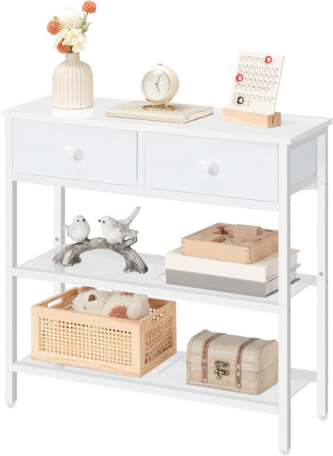 HOOBRO 29.5" Narrow Console Table with 2 Fabric Drawers, Sofa Table, Small Entryway Table with 3-Tier Storage Shelves, Behind Couch Table, for Living Room, Hallway, White WW72XG01G1