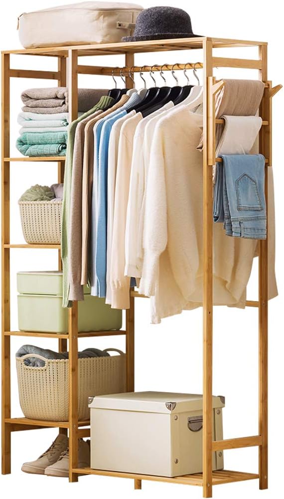 Ufine Bamboo Garment Rack 6 Tier Storage Shelves Clothes Hanging Stand with Side Hooks, Heavy Duty Clothing Rack Portable Wardrobe Closet Organizer