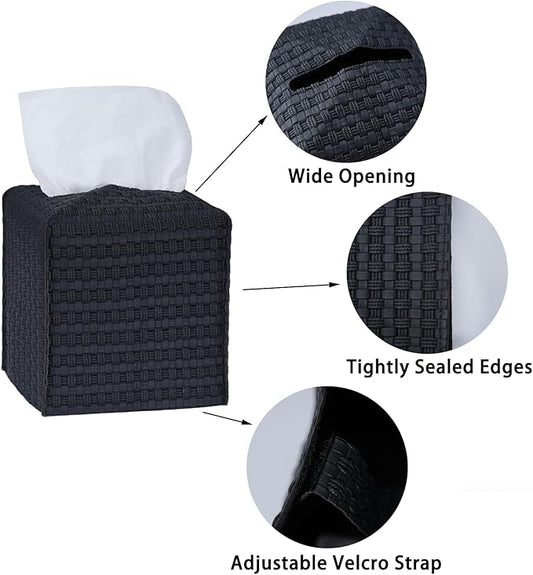 Tissue Box Cover 2-Pack, Square Tissue Holder with Bottom Belt, Modern Tissue Case Facial Paper Organizer Dispenser for Bathroom, Office, Home, Table, Car, Woven Pattern Black