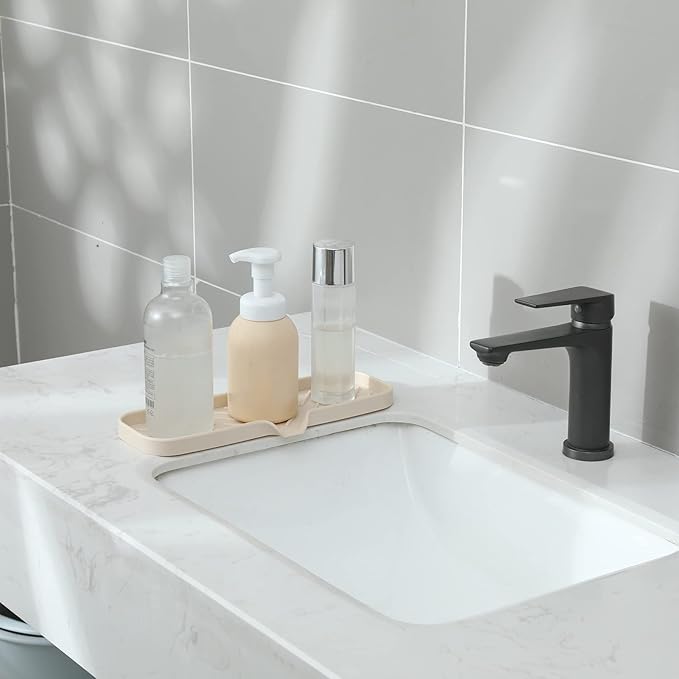 MicoYang Silicone Soap Dish with Drain Spout — Self-Draining Double Sink Organizer Tray for Kitchen & Bathroom, Dispensers, Sponges & Soap Holder, Non-Slip & Dishwasher Safe, Tapioca (Large, 12"×4")